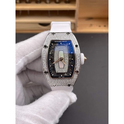 Richard Mille Replica RM 07-01 Super Clone Watch Mother of Pearl Diamonds Dial Snow Setting Stainless Steel White Rubber Crown