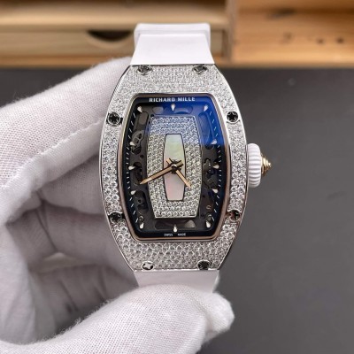 Richard Mille Replica RM 07-01 Super Clone Watch Mother of Pearl Diamonds Dial Snow Setting Stainless Steel White Rubber Crown