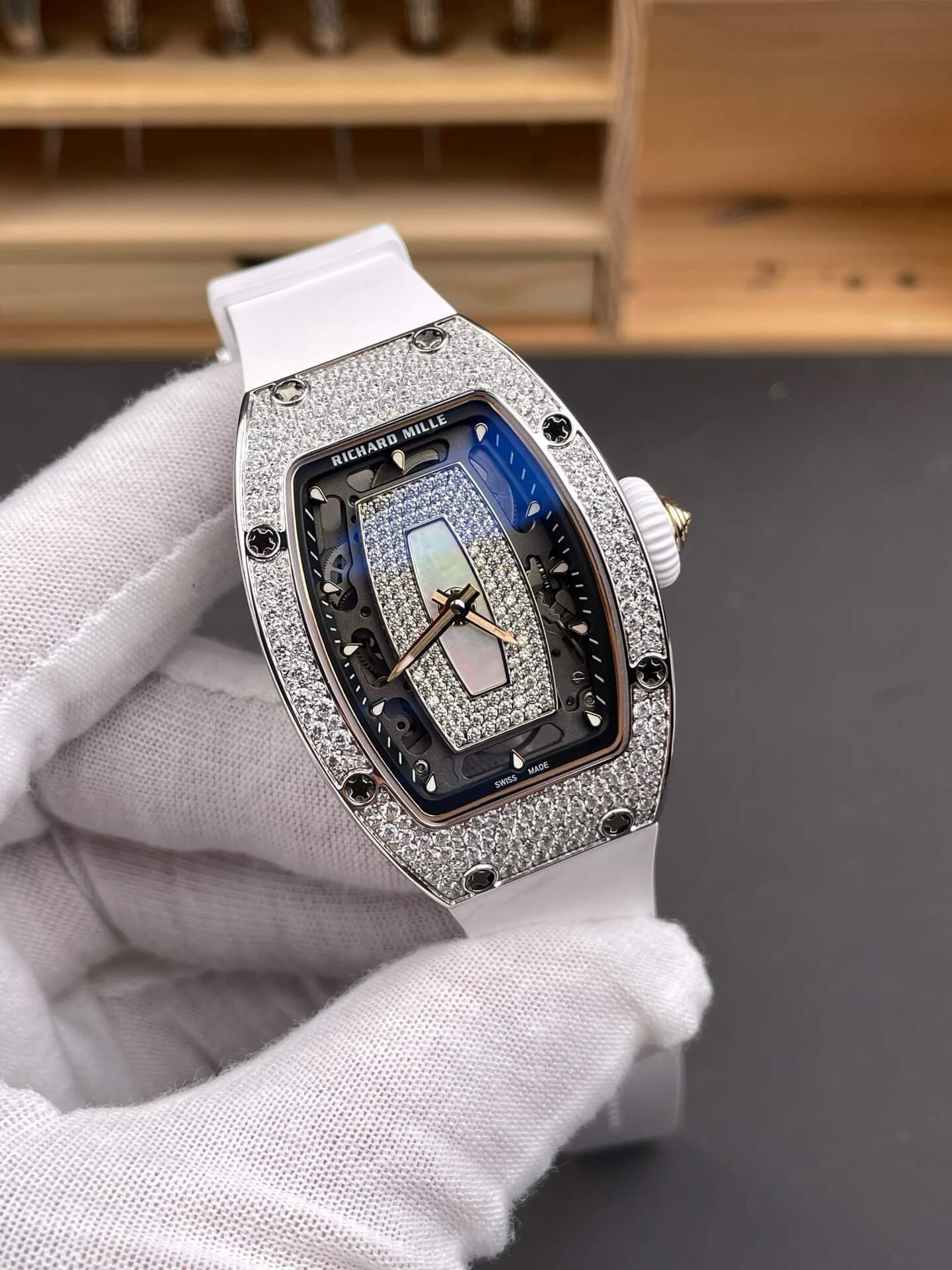 Richard Mille Replica RM 07-01 Super Clone Watch Mother of Pearl Diamonds Dial Snow Setting Stainless Steel White Rubber Crown