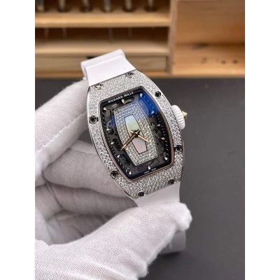 Richard Mille Replica RM 07-01 Super Clone Watch Mother of Pearl Diamonds Dial Snow Setting Stainless Steel White Rubber Crown