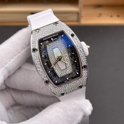 Richard Mille Replica RM 07-01 Super Clone Watch Mother of Pearl Diamonds Dial Snow Setting Stainless Steel White Rubber Crown