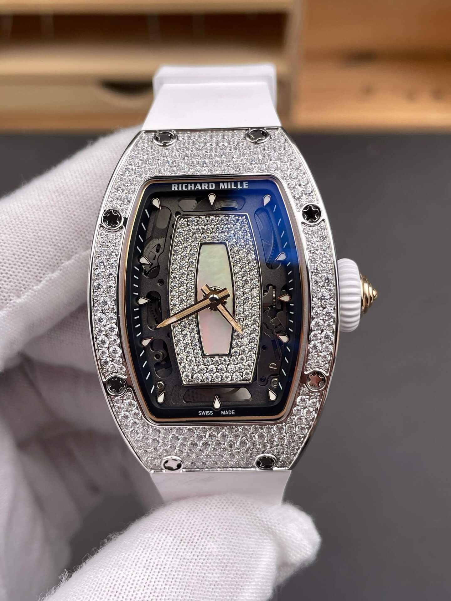 Richard Mille Replica RM 07-01 Super Clone Watch Mother of Pearl Diamonds Dial Snow Setting Stainless Steel White Rubber Crown