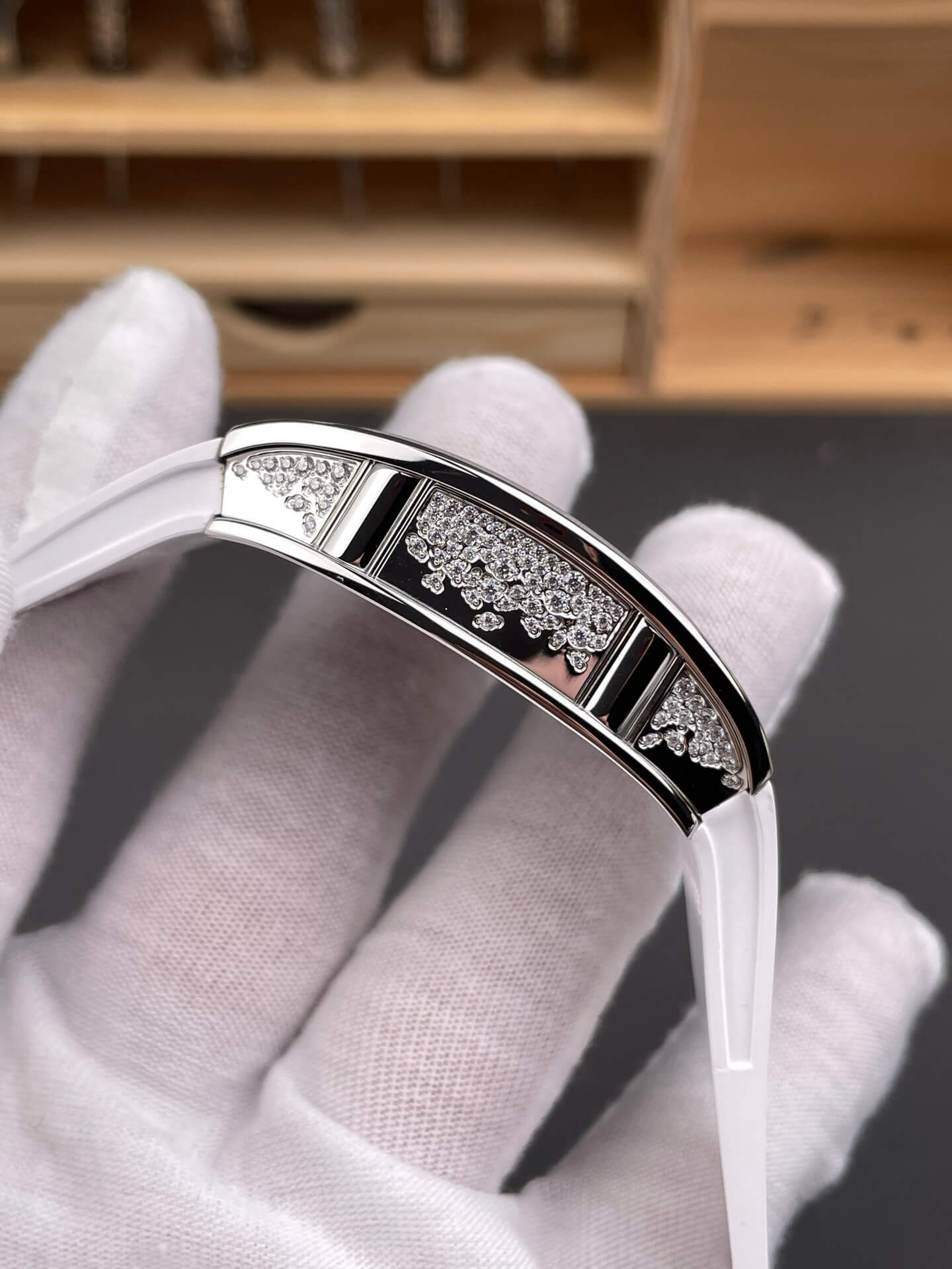 Richard Mille Replica RM 07-01 Super Clone Watch Mother of Pearl Diamonds Dial Snow Setting Stainless Steel White Rubber Crown