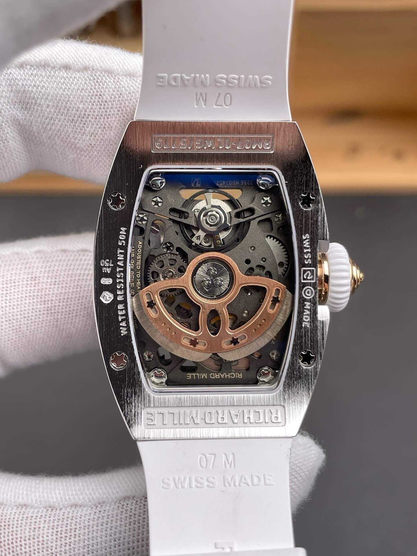 Richard Mille Replica RM 07-01 Super Clone Watch Mother of Pearl Diamonds Dial Snow Setting Stainless Steel White Rubber Crown