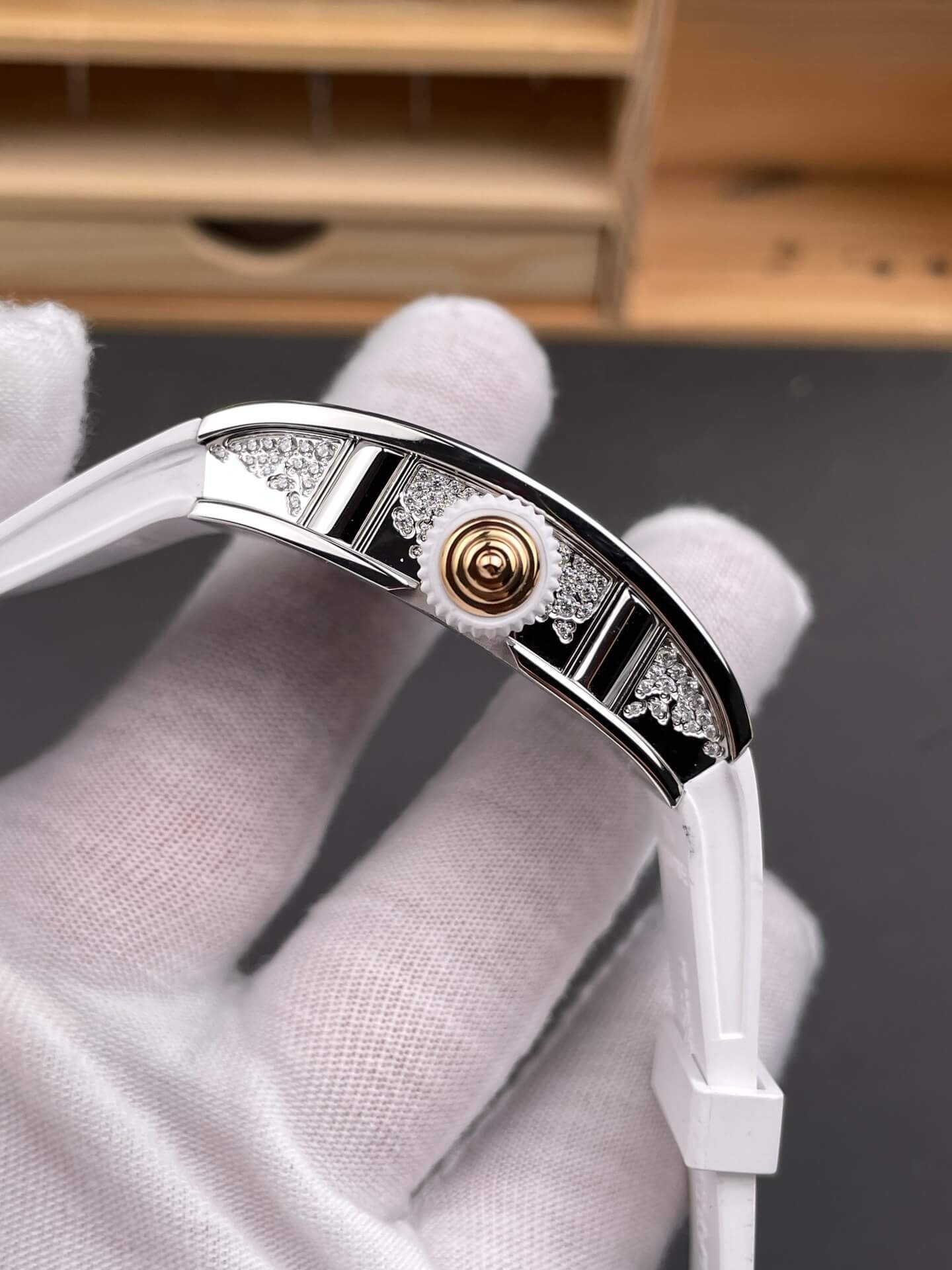 Richard Mille Replica RM 07-01 Super Clone Watch Mother of Pearl Diamonds Dial Snow Setting Stainless Steel White Rubber Crown