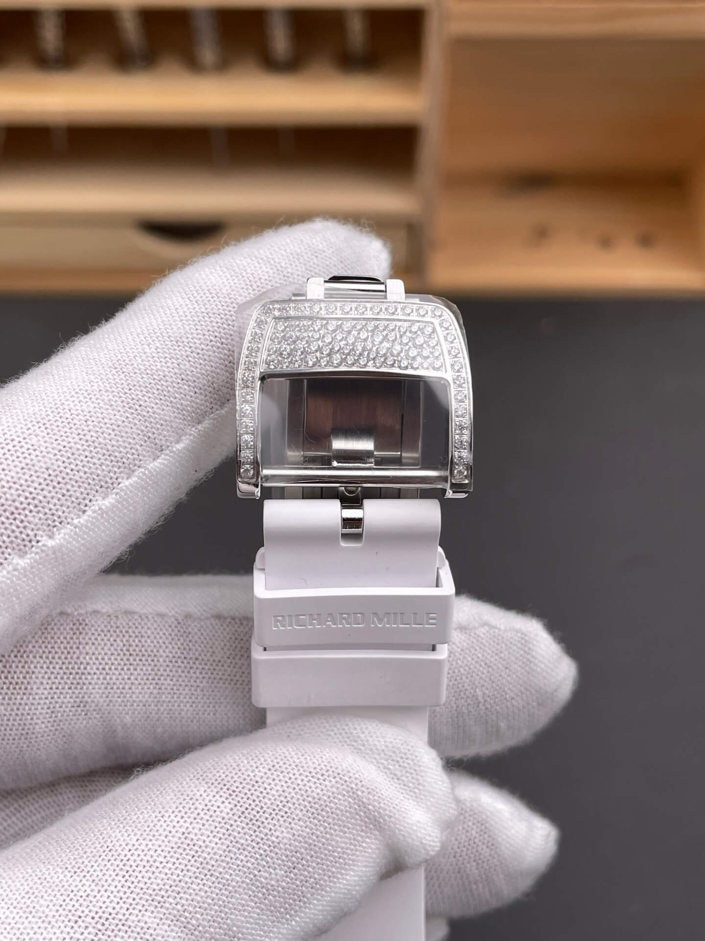 Richard Mille Replica RM 07-01 Super Clone Watch Mother of Pearl Diamonds Dial Snow Setting Stainless Steel White Rubber Crown