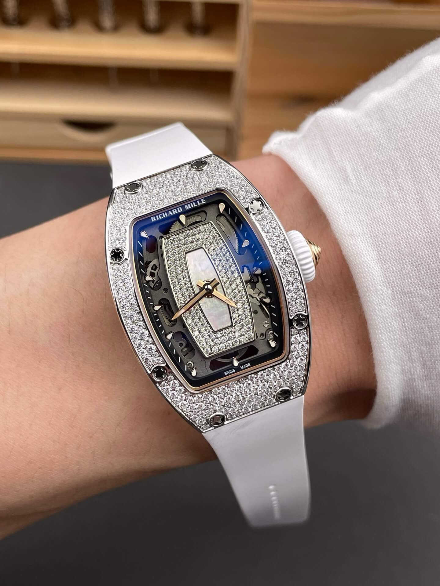 Richard Mille Replica RM 07-01 Super Clone Watch Mother of Pearl Diamonds Dial Snow Setting Stainless Steel White Rubber Crown