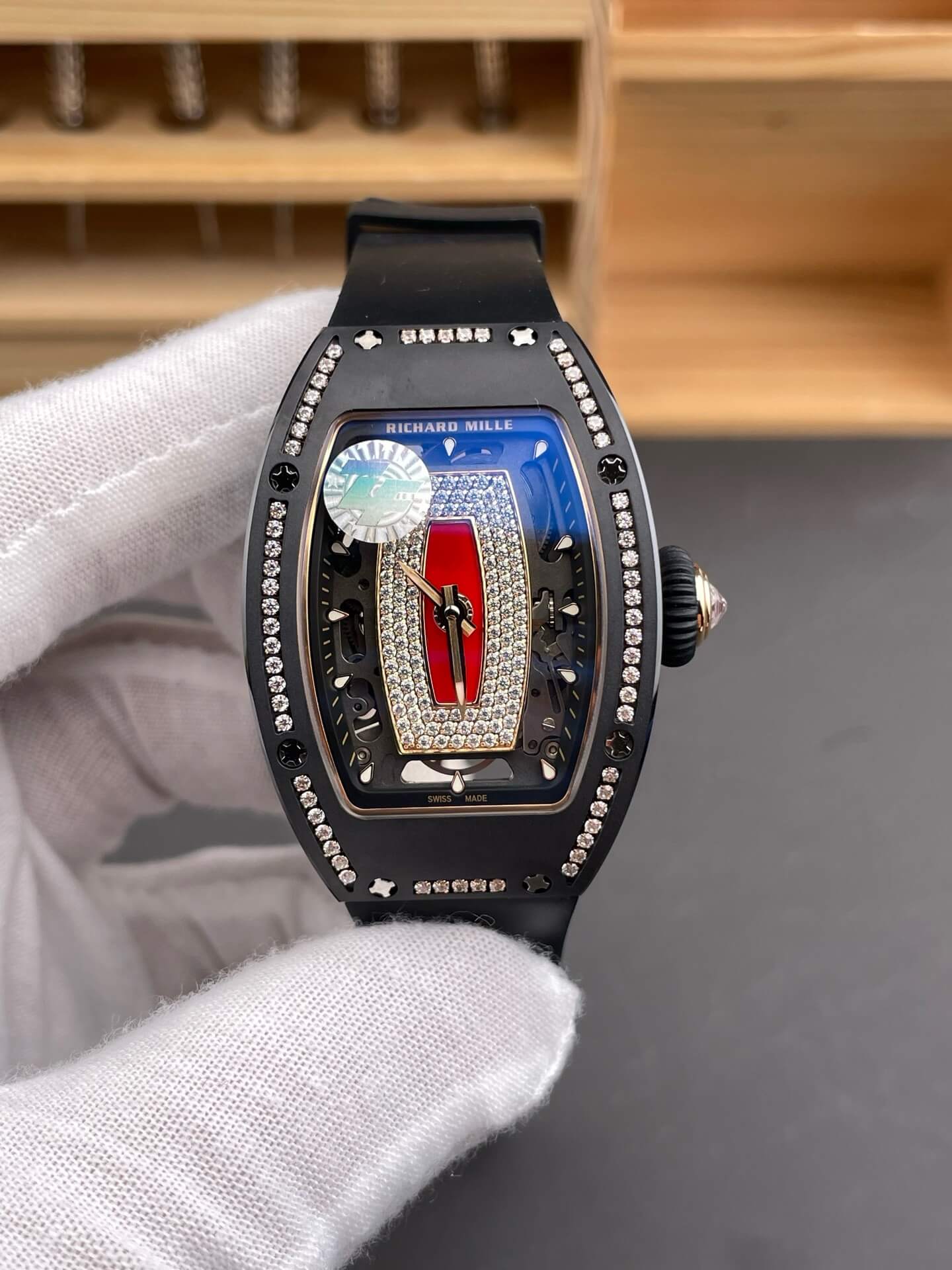 Richard Mille Replica RM 07-01 Super Clone Watch Red Diamonds Dial Claw Setting Black Ceramic Rubber Crown