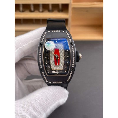Richard Mille Replica RM 07-01 Super Clone Watch Red Diamonds Dial Claw Setting Black Ceramic Rubber Crown