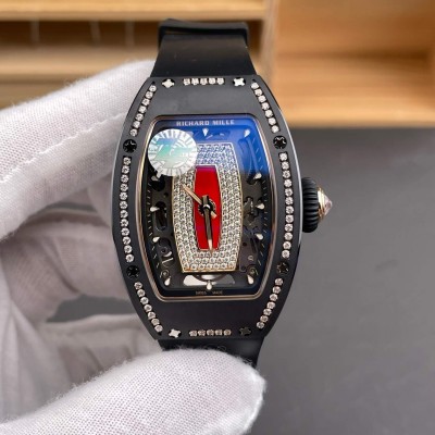 Richard Mille Replica RM 07-01 Super Clone Watch Red Diamonds Dial Claw Setting Black Ceramic Rubber Crown