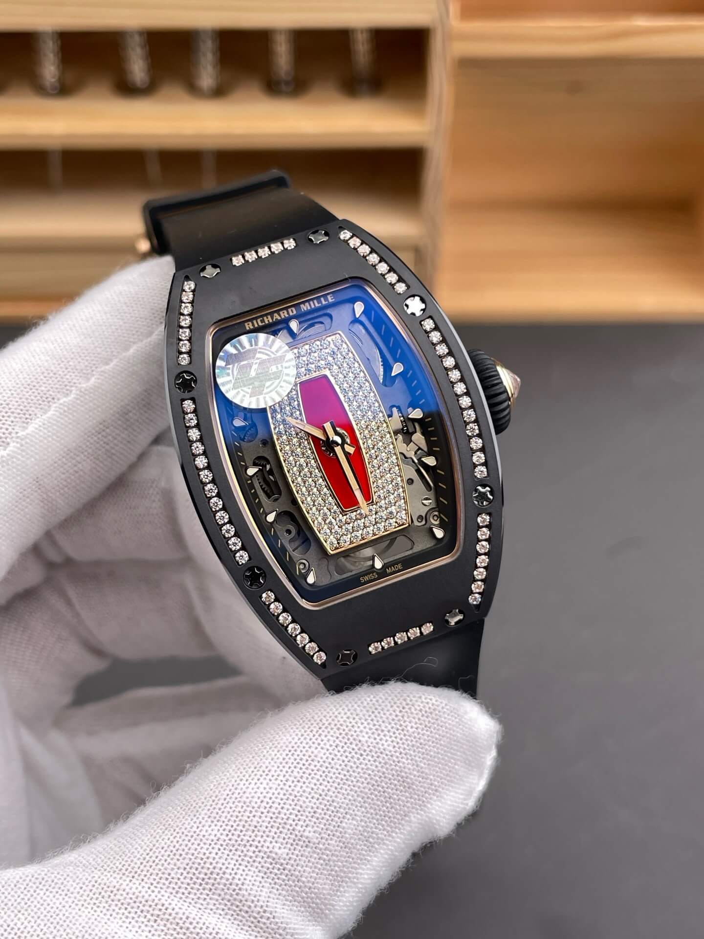 Richard Mille Replica RM 07-01 Super Clone Watch Red Diamonds Dial Claw Setting Black Ceramic Rubber Crown
