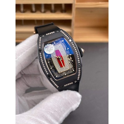 Richard Mille Replica RM 07-01 Super Clone Watch Red Diamonds Dial Claw Setting Black Ceramic Rubber Crown