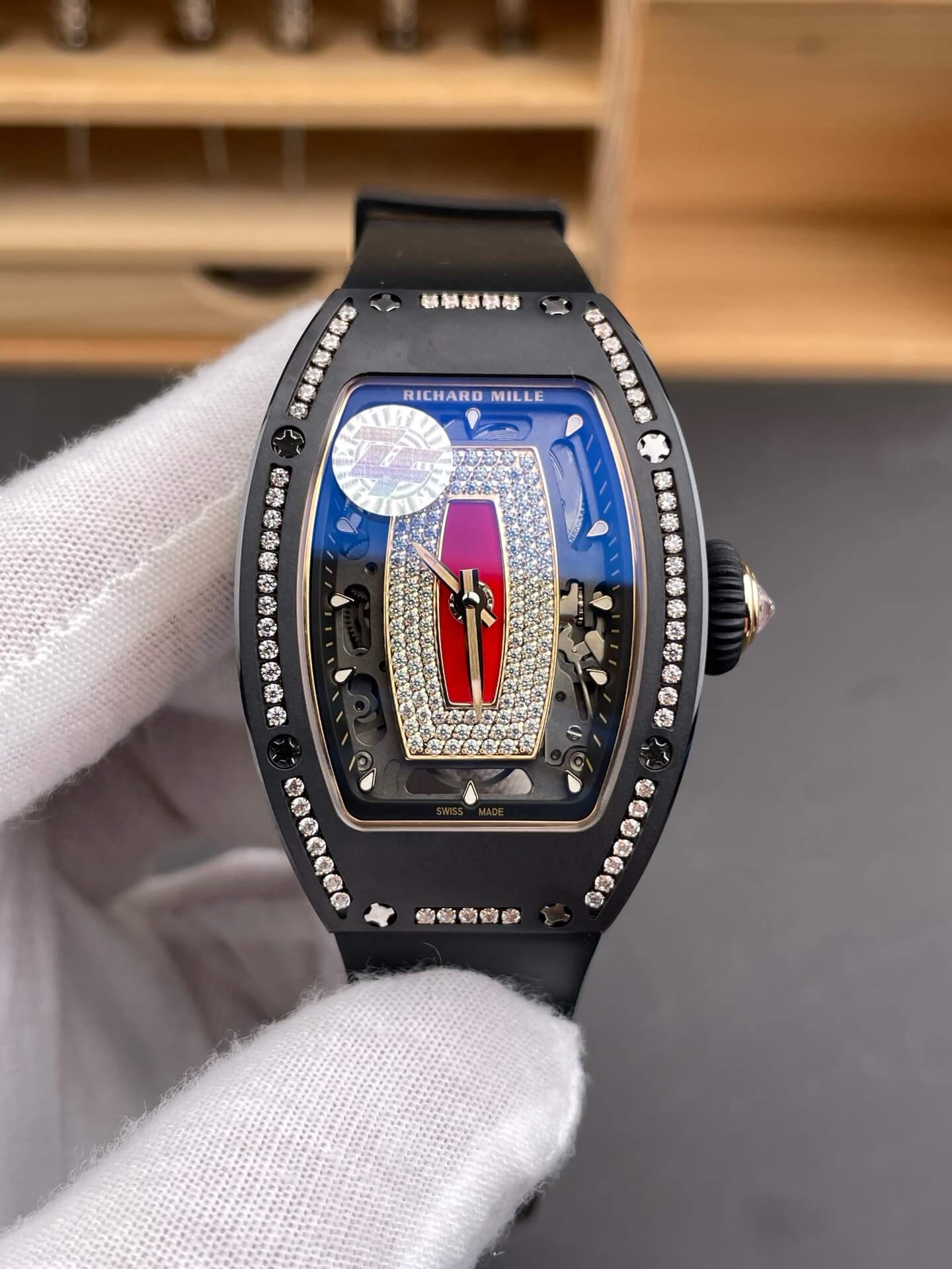 Richard Mille Replica RM 07-01 Super Clone Watch Red Diamonds Dial Claw Setting Black Ceramic Rubber Crown