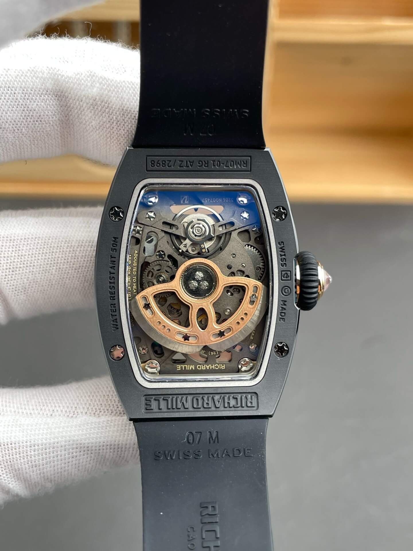 Richard Mille Replica RM 07-01 Super Clone Watch Red Diamonds Dial Claw Setting Black Ceramic Rubber Crown