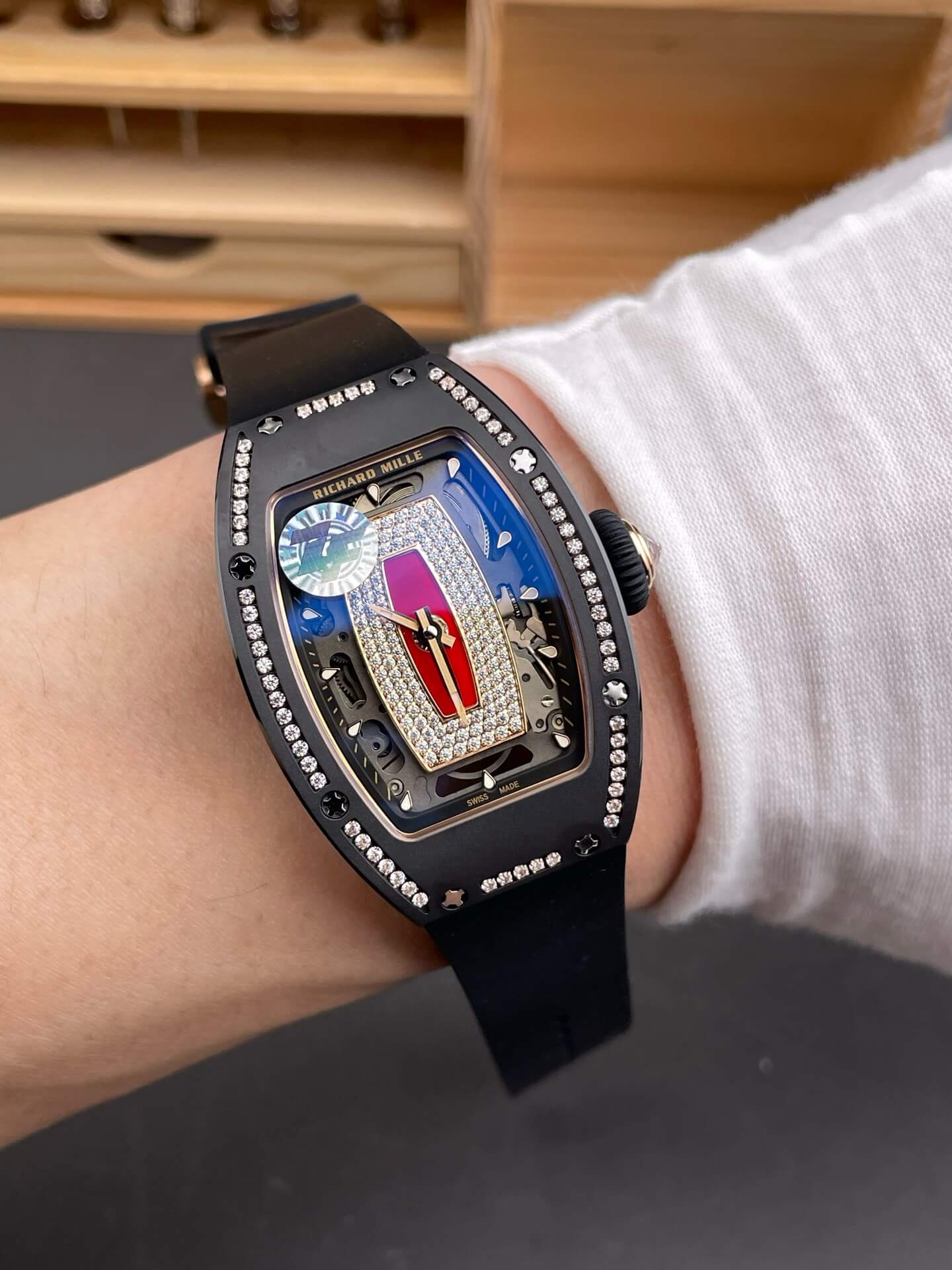 Richard Mille Replica RM 07-01 Super Clone Watch Red Diamonds Dial Claw Setting Black Ceramic Rubber Crown